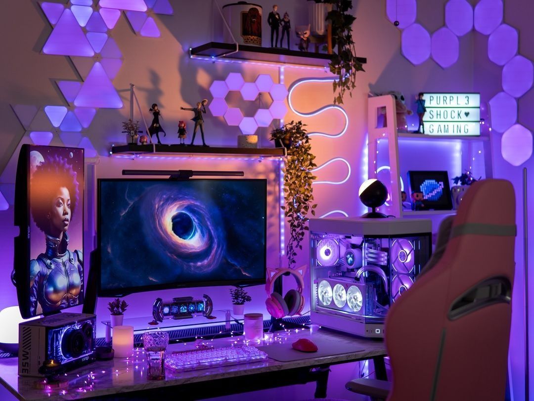 Gaming hardware tester analyzing graphics parameters on monitors
